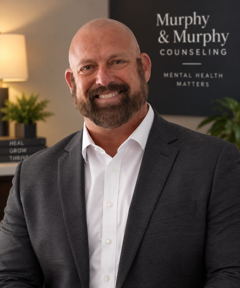 Ernest Murphy, in a dark jacket and open-collared shirt, in front of the Murphy and Murphy Counseling sign in the practice&rsquo;s office.
